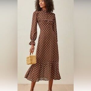 Reformation Hallie Au-Lait Brown Polka Dot Women's Dress - Size 0 NWT